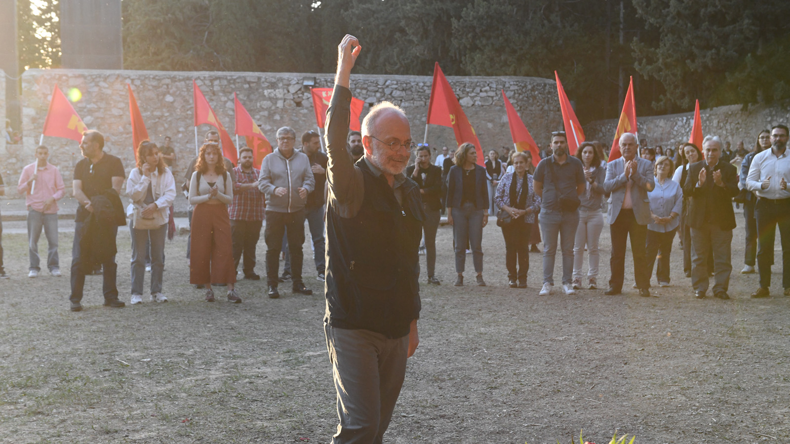 Kemal Okugyan, Secretary General of the Communist Party of Turkey, pays tribute to the 200  at  Kesariani shooting range.